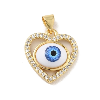 Brass Micro Pave Cubic Zirconia Pendants, with Acrylic, Cadmium Free & Lead Free, Long-Lasting Plated, Heart with Evil Eye, Real 18K Gold Plated, Royal Blue, 17.5x17x5mm, Hole: 4x3.5mm