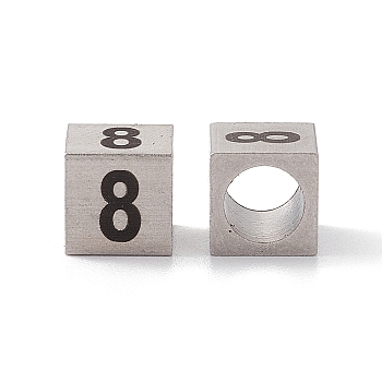 303 Stainless Steel European Beads, Large Hole Beads, Cube with Number, Stainless Steel Color, Num.8, 7x7x7mm, Hole: 5mm