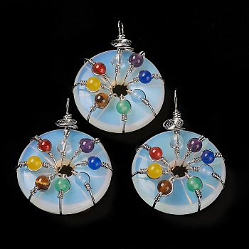 Opalite Pendants, with Platinum Brass Findings, Donut/Pi Disc with Beaded Charms, 41~42x31x11.5~12.5mm, Hole: 5~5.5x3mm