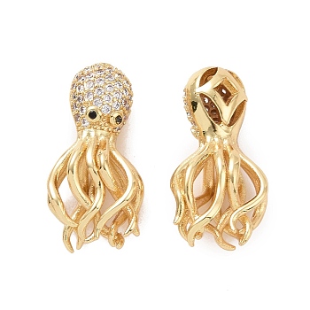 Eco-friendly Rack Plating Brass Micro Pave Cubic Zirconia Beads, Cadmium Free & Lead Free, Long-Lasting Plated, Octopus, Real 18K Gold Plated, 24.5x12x8mm, Hole: 1.2mm