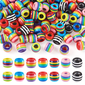 90pcs 6 colors Opaque Stripe Resin European Beads, Large Hole Beads, Barrel, Mixed Color, 11x10.5mm, Hole: 6mm, 15pcs/color