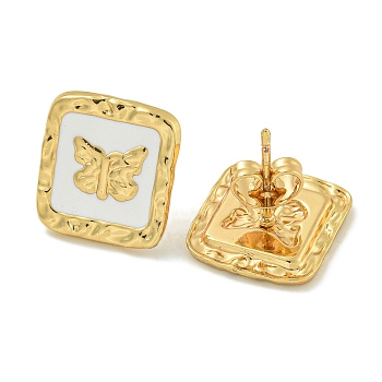 Square with Butterfly Ion Plating(IP) 304 Stainless Steel Stud Earrings, with Enamel for Women, Polishing, White, 13.5x12.5mm