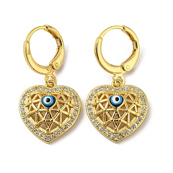 Real 18K Gold Plated Brass Dangle Leverback Earrings, with Enamel and Cubic Zirconia, Heart with Evil Eye, Colorful, 28.5x14.5mm