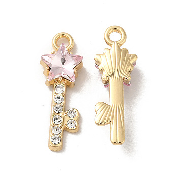 Rack Plating Alloy Rhinestone Pendants, Nickel Free, with Glass, Star Key Charms, Golden, Pink, 24x8.5x5.5mm, Hole: 2mm