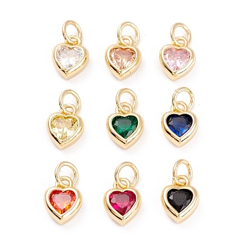 Brass inlaid Cubic Zirconia Pendants, with Jump Ring, Long-Lasting Plated, Heart, Golden, Mixed Color, 9.5x7x3mm, Hole: 3.6mm