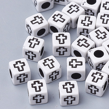 Craft Style Acrylic Beads, Cube with Cross, White, 6x6x6mm, Hole: 3mm, about 3000pcs/500g