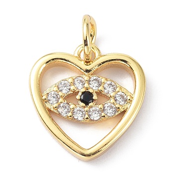 Brass Micro Pave Clear Cubic Zirconia Charms, with Jump Ring, Long-Lasting Plated, Lead Free & Cadmium Free, Heart, Real 18K Gold Plated, 13x12.5x2mm