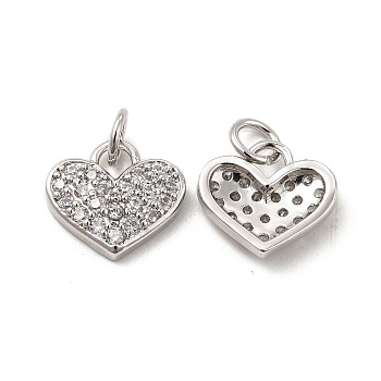 Brass Micro Pave Clear Cubic Zirconia Charms, with Jump Ring, Heart Charm, Platinum, 11x12x2.5mm, Hole: 3.5mm