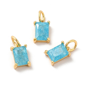 Real 18K Gold Plated Brass Micro Pave Cubic Zirconia Pendants, with Jump Rings, Rectangle, Sky Blue, 10x6x4mm, Hole: 3mm