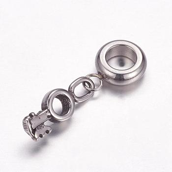 304 Stainless Steel European Dangle Charms, Large Hole Pendants, Key, Antique Silver, 27mm, Hole: 5mm, Pendant: 16x5.5x2.5mm