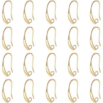 40Pcs Brass Earring Hooks, with Horizontal Loop, Real 18K Gold Plated, 19x10x2mm, Hole: 2mm, 18 Gauge, Pin: 1mm