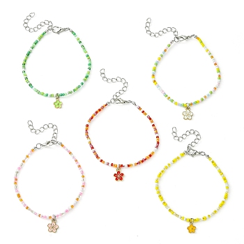 Alloy Flower Charm Bracelet with Glass Seed Bead Chains for Women, Mixed Color, 9-1/4 inch(23.5cm)