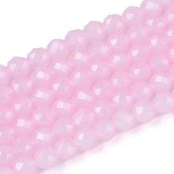 Imitation Jade Glass Beads Strands, Round, Faceted, Pearl Pink, 4x3.5~4mm, Hole: 0.6~0.8mm, about 94~99pcs/strand, 13.78~14.57''(35~37cm)