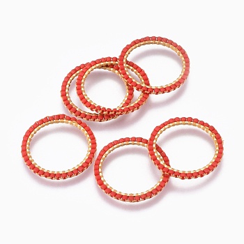MIYUKI & TOHO Handmade Japanese Seed Beads, with 304 Stainless Steel Link Rings, Loom Pattern, Ring, Golden, Red, 22~23x1.7mm