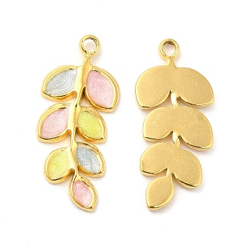 Enamel Pendants, with 304 Stainless Steel Finding, Real 18K Gold Plated, Leafy Branch Charms, Pink, 20x8.5x1.5mm, Hole: 1.4mm