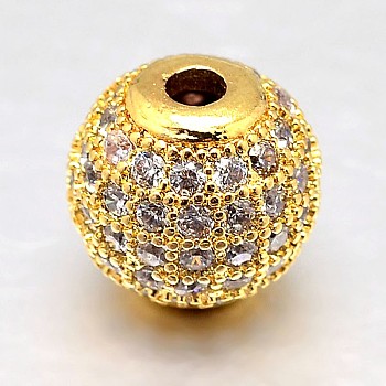 Round Brass Micro Pave Cubic Zirconia Beads, Clear, Real 18K Gold Plated, 12mm, Hole: 2mm