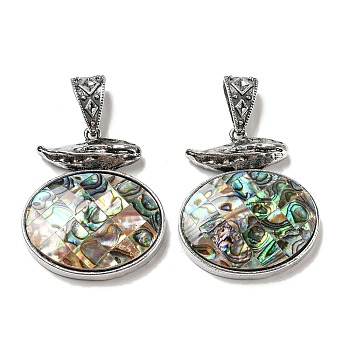 Natural Paua Shell Pendants, Antique Silver Plated Alloy Oval Charms, Colorful, 47x41x9mm, Hole: 16x7mm
