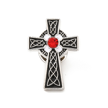 Cross Enamel Rhinestone Pin, Platinum Tone Alloy Badge for Backpack Clothes, Light Siam, 27.5x19.5x2mm, Pin: 1.1mm