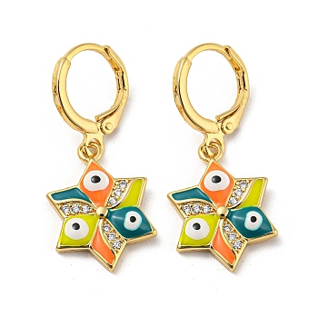 Real 18K Gold Plated Brass Dangle Leverback Earrings, with Enamel and Cubic Zirconia, Evil Eye, Yellow, 30.5x13mm