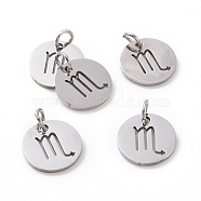 304 Stainless Steel Charms, Flat Round with Constellation/Zodiac Sign, Scorpio, 12x1mm, Hole: 3mm(STAS-Q201-T445-8S)