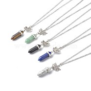 Bullet Natural Mixed Stone Pendant Necklaces, with 304 Stainless Steel Lotus Link and Chains, Stainless Steel Color, 17.91 inch(455mm)(NJEW-JN03602)