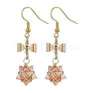 Glass Star Dangle Earrings, Golden 304 Stainless Steel Bowknot Drop Earrings, Sandy Brown, 48x12.5mm(EJEW-JE05548-02)