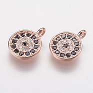 Brass Micro Pave Cubic Zirconia Charms, Flat Round, Black, Rose Gold, 8x1.5mm, Hole: 1.5mm(ZIRC-G133-03RG)