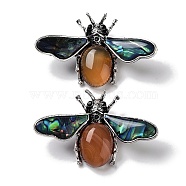 Tibetan Style Alloy Insect Brooches, with Natural Red Agate and Natural Paua Shell, Antique Silver, 36x56.5x13mm(JEWB-A021-03AS-04)