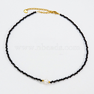 Summer Faceted Glass & Imitation Pearl Stainless Steel Beaded Necklaces for Women, Black, 14.57 inch(37cm)(JT8933-1)