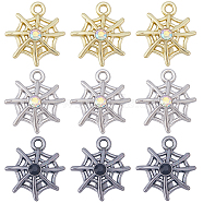 30Pcs 3 Colors Alloy Pendant, with Glass, Lead Free & Cadmium Free, Spider Net Charms, Mixed Color, 16x14.5x4.5mm, Hole: 1.5mm, 10Pcs/color(FIND-SC0006-50)