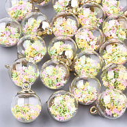 Glass Ball Pendants, with Glitter Sequins and CCB Plastic Findings, Round with Star, Colorful, 21x15.5~16mm, Hole: 2mm(GLAA-T003-08E)