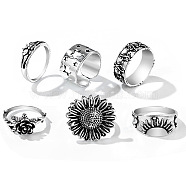 6Pcs 6 Styles Retro Floral Alloy Finger Rings, Bohemia Style Rings for Women, Antique Silver, Inner Diameter: 16.9~18.9mm(BOHO-PW0001-013)