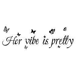 PVC Quotes Wall Sticker, for Stairway Home Decoration, Butterfly with Word Her Vibe Is Pretty, Black, 23x90cm(DIY-WH0200-033)