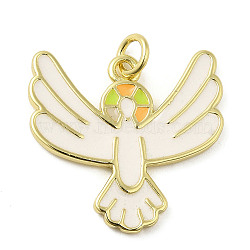 Rack Plating Brass Enamel Pendants, with Jump Ring, Long-Lasting Plated, Cadmium Free & Lead Free, Real 18K Gold Plated, Bird Charm, White, 20.5x21x2mm, Hole: 3mm(KK-Q784-28G)