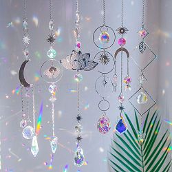 6 Pcs Glass Pendant Decorations,  with Brass Finding, for Home Bedroom Hanging Decorations, Sun, Platinum, Packing: 100x100x35mm(PW-WG2C03D-01)