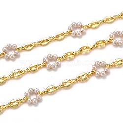 Handmade Brass Link Chains, with Acrylic Imitation Pearl and Spool, Long-Lasting Plated, Unwelded, Golden, White, Links: 10.8x12.6x3.9mm and 7.2x5.6x1.3mm(CHC-L039-43B-G)