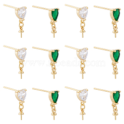 12Pcs 2 Colors Brass Glass Rhinestone Stud Earrings Findings, with 925 Sterling Silver Pins Cup Peg Bails, Real 18K Gold Plated, Heart, for Half Drilled Beads, Mixed Color, 16.5x6mm, Pin: 0.8mm and 0.6mm, 6Pcs/color(KK-DC0003-24)
