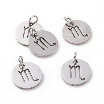 304 Stainless Steel Charms, Flat Round with Constellation/Zodiac Sign, Scorpio, 12x1mm, Hole: 3mm