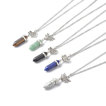 Bullet Natural Mixed Stone Pendant Necklaces, with 304 Stainless Steel Lotus Link and Chains, Stainless Steel Color, 17.91 inch(455mm)