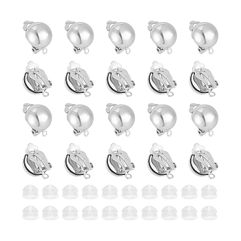 30Pcs Half Round Brass Clip-on Earring Findings, with Loops & 30Pcs Silicone Ear Nuts, Platinum, 20x13mm, Hole: 3mm