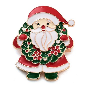 Christmas Theme Alloy Enamel Brooches, for Backpack Clothes, Santa Claus with Christmas Wreath, Green, 42x34mm