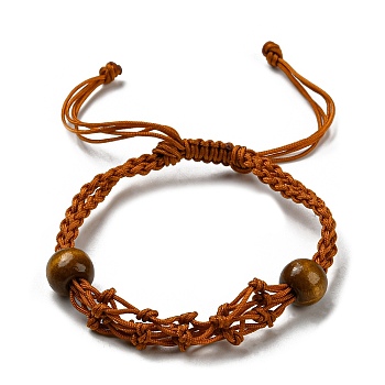 4Pcs Nylon Braided Bracelet, with Natural Wood Beads, Macrame Pouch Empty Stone Holder for Adjustable Bracelet Making, Saddle Brown, Inner Diameter: 1-7/8~3-1/2 inch(4.7~8.8cm)