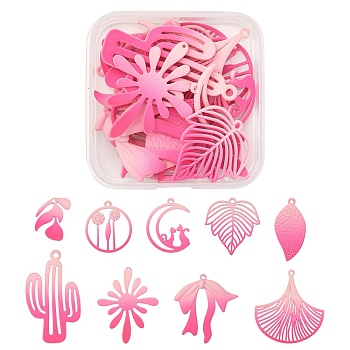 1 Set Spray Painted Alloy Charms, Flower & Leaf & Bowknot & Cactus & Moon, Hot Pink, 21~44.5x15~33.5x1~2.5mm, Hole: 1.2~1.5mm, 18pcs/set