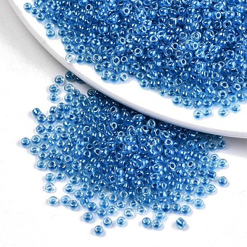 8/0 Glass Seed Beads, Transparent Inside Colours Luster, Round Hole, Round, Dodger Blue, 8/0, 3~4x2~3mm, Hole: 0.8mm, about 1666pcs/50g