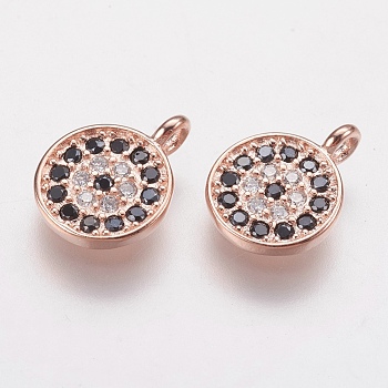 Brass Micro Pave Cubic Zirconia Charms, Flat Round, Black, Rose Gold, 8x1.5mm, Hole: 1.5mm