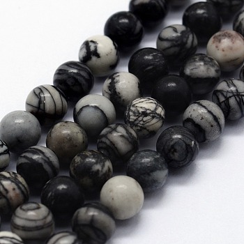 Natural Black Silk Stone/Netstone Beads Strands, Round, 4mm, Hole: 0.6mm, about 95pcs/strand,  14.76 inch(37.5cm)
