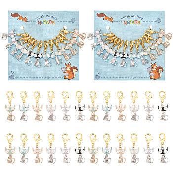 Cat Stitch Markers, Alloy Enamel Crochet Lobster Clasp Charms, Locking Stitch Marker with Wine Glass Charm Ring, Mixed Color, 3.8cm, 7 colors, 2pcs/color, 12pcs/set