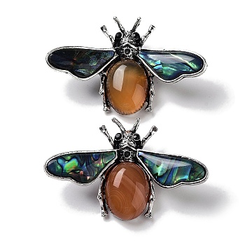 Tibetan Style Alloy Insect Brooches, with Natural Red Agate and Natural Paua Shell, Antique Silver, 36x56.5x13mm