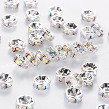 Rhinestone Spacer Beads, Copper, Grade A, AB Color, Silver Color Plated, Clear AB, 6mm