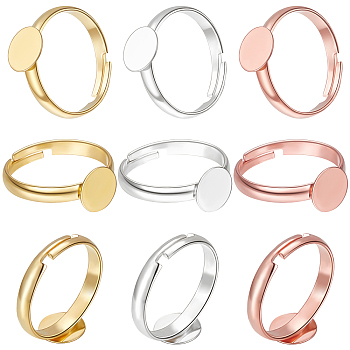 60Pcs 3 Colors Adjustable Brass Finger Rings Components, Pad Ring Base Settings, Flat Round, Mixed Color, Tray: 8mm, Inner Diameter: 17~20.3mm, 20pcs/color